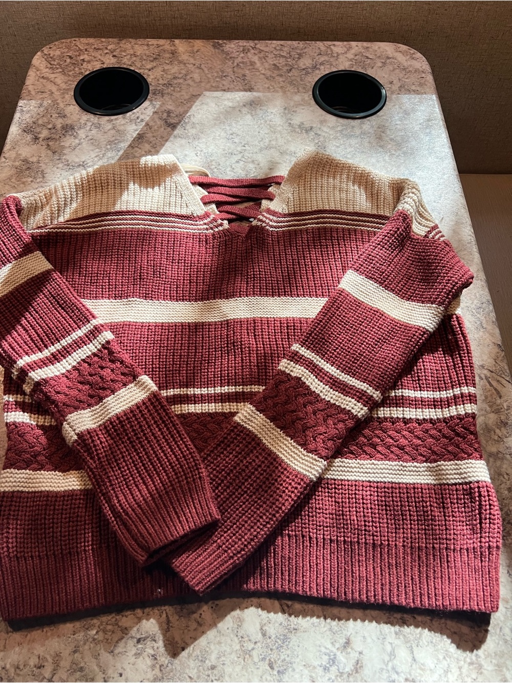 Pink Rose Women’s S Burgundy/Cream Striped Knit Lace-Up V-Neck Pullover # 746